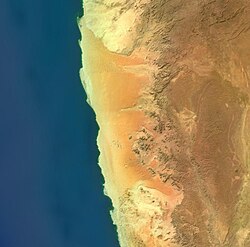 The Namib sand sea in Namibia as an example of a coastal fog desert. This stretch is about 750 km long North to South (Walvis Bay to Lüderitz).