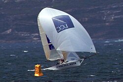 A sailing skiff during an afternoon sea breeze in the Sydney Harbour