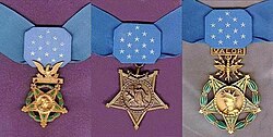 The United States' Medals of Honor (l to r: Army, Navy, Air Force), for "Conspicuous gallantry and intrepidity at the risk of life above and beyond the call of duty".
