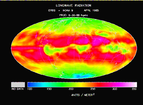Earth's longwave thermal radiation intensity, from clouds, atmosphere and surface