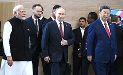 Indian Prime Minister Narendra Modi, Russian President Vladimir Putin and Chinese President Xi Jinping at the 16th BRICS summit in Kazan, Russia, 23 October 2024