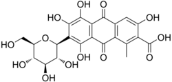 Chemical structure of carminic acid, the predator-deterring substance found in high concentration in cochineal insects: The insoluble aluminium and calcium salts of this acid form red and purple dyes called "carmine".