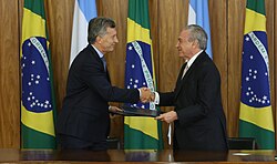 Macri with Brazilian president Michel Temer in Brasília. Brazil is Argentina's biggest trade partner.[71]