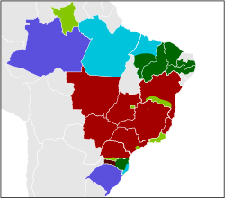 The status of second person pronouns in Brazil: Near exclusive use of você (greater than 96%) Decidedly predominant use of tu (greater than 80%), but with near exclusive third person (você-like) verbal conjugation. 50-50 você/tu variation, with tu being nearly always accompanied by third person (você-like) verbal conjugation. Decidedly predominant to near exclusive use of tu (76% to 95%) with reasonable frequency of second person (tu-like) verbal conjugation. Balanced você/tu distribution, being tu exclusively accompanied by third person (você-like) verbal conjugation. Balanced você/tu distribution, tu being predominantly accompanied by third person (você-like) verbal conjugation. No data