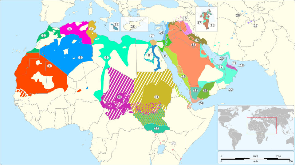Geographical distribution of the varieties of Arabic per Ethnologue and other sources: Sparsely populated area or no indigenous Arabic speakersSolid area fill: variety natively spoken by at least 25% of the population of that area or variety indigenous to that area onlyHatched area fill: minority scattered over the areaDotted area fill: speakers of this variety are mixed with speakers of other Arabic varieties in the area