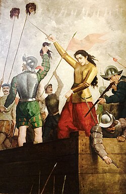 Inés de Suárez in Defense of the City of Santiago (1897), oil painting by José Mercedes Ortega.