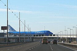 KLM Cargo Boeing 747-400ERF on the taxiway bridge crossing the highway A4/E19
