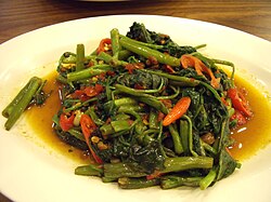 Southeast Asian-style stir-fried Ipomoea aquatica in chili and sambal