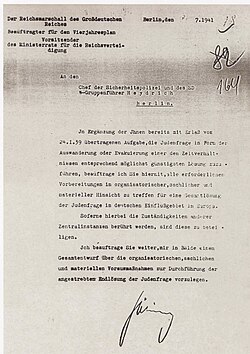 Letter from Göring to Heydrich, concerning the "total solution of the Jewish question"