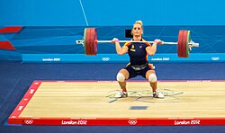 Lidia Valentín of Spain performing a clean at the 2012 Olympic Games in London