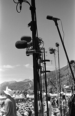 A forest of microphone stands at a taper section at Telluride Bluegrass Festival in June 2007.