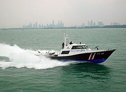 A third generation patrol craft of the Police Coast Guard conducting a sea-rescue demonstration off the southeastern coast of Singapore
