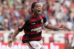 Ronaldinho celebrates scoring for Flamengo in February 2011.