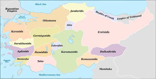 A map of independent Turkish principalities in Anatolia during the 14th century
