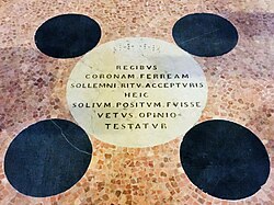 Basilica of San Michele Maggiore, the five stones, already mentioned in the Honorantiae civitatis Papiae (about 1020), above which the throne was placed during coronations