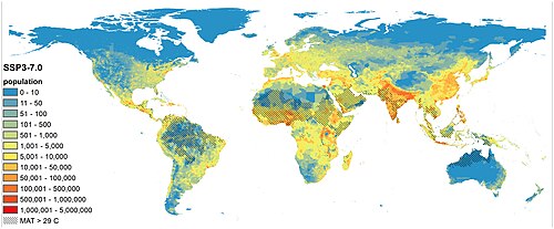 Overlap between future population distribution and extreme heat in a high emission scenario[198]