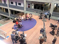Filming for a broadcast of Newsnight Scotland at BBC Pacific Quay, Glasgow