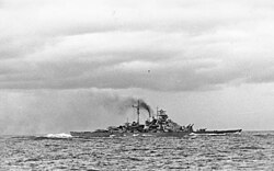 Bismarck as seen from Prinz Eugen after the Battle of the Denmark Strait