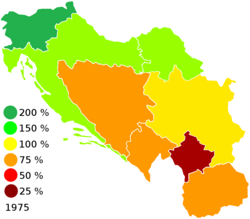 Average strength of Yugoslav economy as a deviation from the main (Yugoslavia = 100 %) indicator 1975. SR Slovenia (dark green) was, along with SR Croatia and SAP Vojvodina (light green), the richest entity of SFR Yugoslavia.