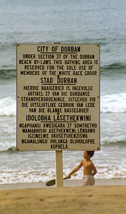"Apartheid": sign on Durban beach in English, Afrikaans and Zulu, 1989