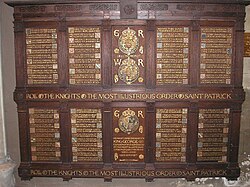 A panel recording some members of the Order of St Patrick in St Patrick's Cathedral, Dublin.