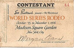 Bulldogging champion Cowboy Morgan Evans competition chit at Madison Square Garden's 1928 World Series Rodeo