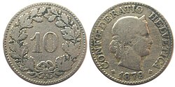 A Swiss ten-cent coin from 1879, similar to the oldest coins still in official use today