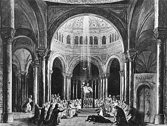 End of act 3 in the original 1882 production (according to a painting by Theodor Pixis), original design by Paul von Joukowsky