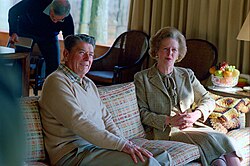 President Reagan with Prime Minister Margaret Thatcher during a working luncheon at Camp David, December 1984