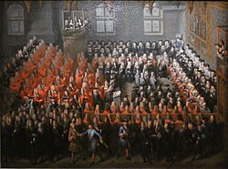 Lit de justice held by young Louis XV; his governess, the only woman in the assembly, sits next to him