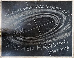 A black stone slab with a grey spiral, an equation, and the words "Here lies what was mortal of Stephen Hawking 1942–2018".