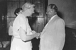 Josip Broz Tito greeting former U.S. first lady Eleanor Roosevelt during her July 1953 visit to Yugoslavia
