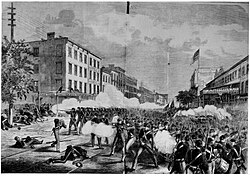 The Orange riot of 1871 as depicted in Frank Leslie's Illustrated Newspaper. The view is at 25th Street in Manhattan looking south down Eighth Avenue.