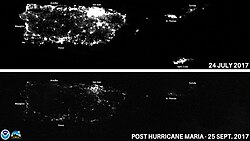 Comparison of lights at night in Puerto Rico before (top) and after (bottom) Hurricane Maria