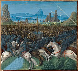 Virtually the entire Kingdom of Jerusalem passed into Ayyubid hands after their victory against the Crusaders in the Battle of Hattin in 1187; illustration from Les Passages faits Outremer par les Français contre les Turcs et autres Sarrasins et Maures outremarins, c. 1490