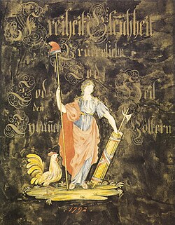Alsatian sign, 1792: Freiheit Gleichheit Brüderlichk. od. Tod (Liberty Equality Fraternity or Death) Tod den Tyranen (Death to Tyrants) Heil den Völkern (Long live the Peoples)