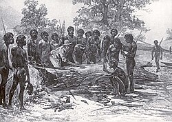 A late 19th-century artist's depiction of John Batman's treaty with a group of Wurundjeri elders.
