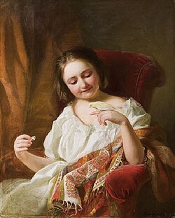 A tamed canary interacting with a human depicted on Little Girl with Canary by Györgyi, 1853