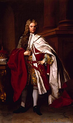 A portrait of James Brydges, 1st Duke of Chandos wearing the robes of the British peerage.