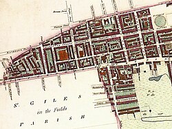 The Manor of Tottenham Court, now known as Fitzrovia, being urbanised in 1804. The Manor formed the south-west part of the parish and later borough of St Pancras. North is to the right-hand side.
