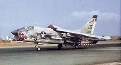 An F-8E of VMF(AW)-235 at Da Nang, in April 1966 showing the Infrared search and track (IRST) sensor in front of the canopy.
