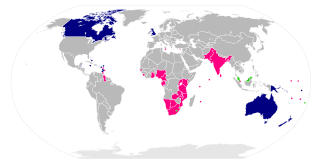 The members of the Commonwealth shaded according to their political status. Commonwealth realms are shown in blue, while republics are shaded pink, and members with their own monarchies are displayed in green.