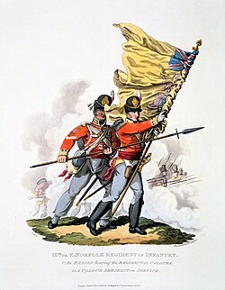 1813 engraving of an ensign (right) of the 9th Foot