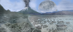 An impression of the Archean, the eon after Earth's formation, featuring round stromatolites, which are early oxygen-producing forms of life from billions of years ago. After the Late Heavy Bombardment, Earth's crust had cooled, its water-rich barren surface is marked by continents and volcanoes, with the Moon still orbiting Earth half as far as it is today, appearing 2.8 times larger and producing strong tides.[60]