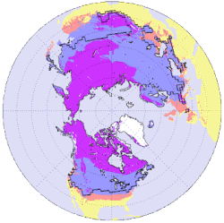 Northern Hemisphere permafrost (permanently frozen ground) in purple
