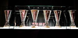 Six UEL trophies displayed at the club museum after they won the 2020 UEL final