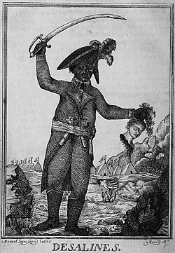 An 1806 engraving of Jean-Jacques Dessalines. It depicts the general, sword raised in one arm, while the other holds a severed head of a white woman.