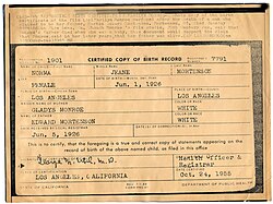 A 1955 legal document certifying the birth of Marilyn Monroe in 1926