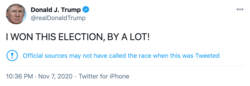 Screenshot of a tweet from Trump's Twitter account where he repeatedly and falsely claimed he had won.[407][408]