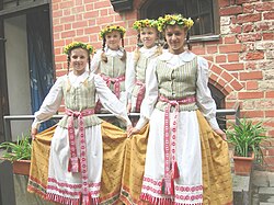 Girls wearing regional Aukštaičių-style folk dresses in Kaunas, Lithuania